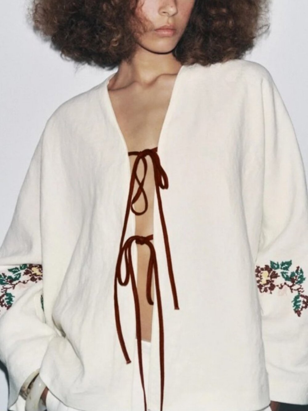 Zara linen embroidered kimono ecru women's size M-L NWT